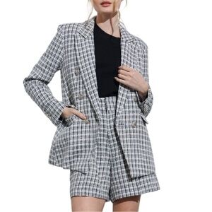 Aaron & Amber Tweed Plaid Textured Checkered Double Breasted Black White Blazer